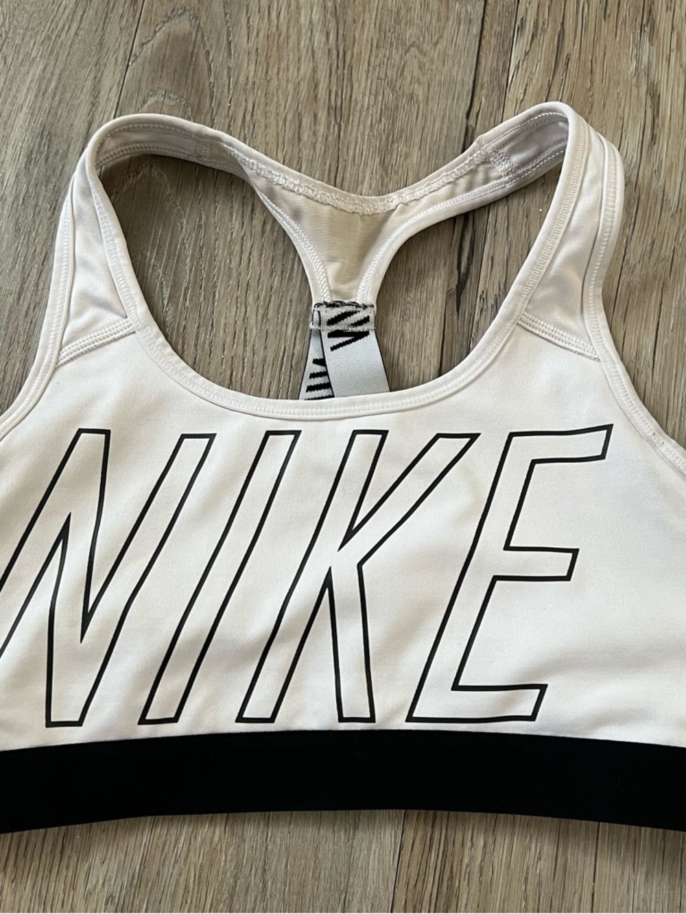 Nike White and Black Dri‑Fit Sports Bra with Branded Band